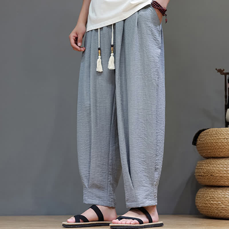 Buddha Stones Pantaloni estivi minimalisti da uomo a tinta unita con elastico in vita e gamba affusolata, con tasche. - image 13