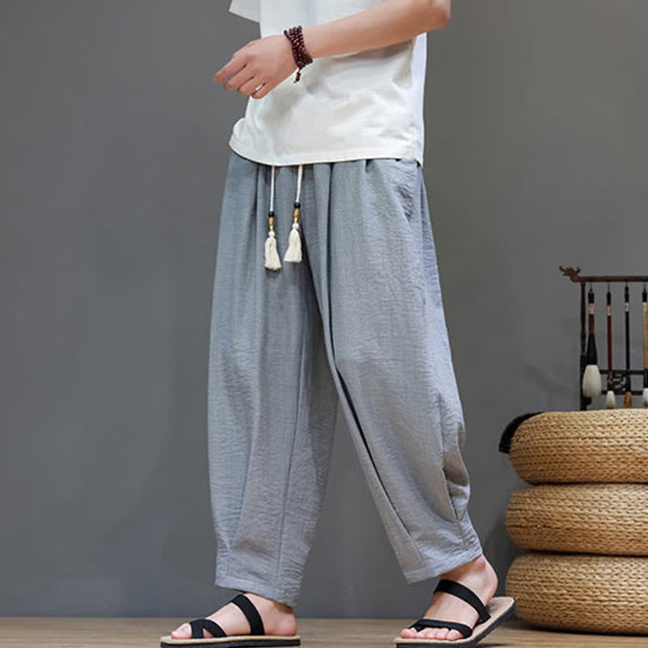Buddha Stones Pantaloni estivi minimalisti da uomo a tinta unita con elastico in vita e gamba affusolata, con tasche. - image 14