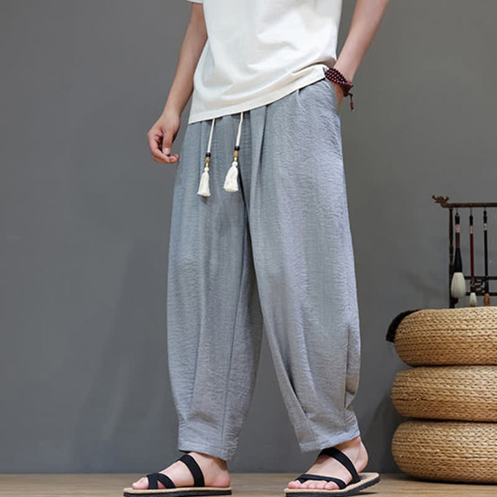 Buddha Stones Pantaloni estivi minimalisti da uomo a tinta unita con elastico in vita e gamba affusolata, con tasche. - image 12