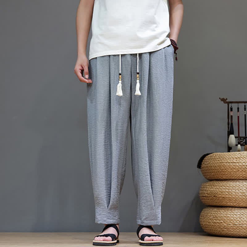 Buddha Stones Pantaloni estivi minimalisti da uomo a tinta unita con elastico in vita e gamba affusolata, con tasche. - image 11