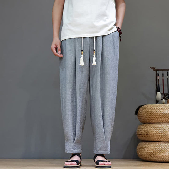 Buddha Stones Pantaloni estivi minimalisti da uomo a tinta unita con elastico in vita e gamba affusolata, con tasche. - image 11