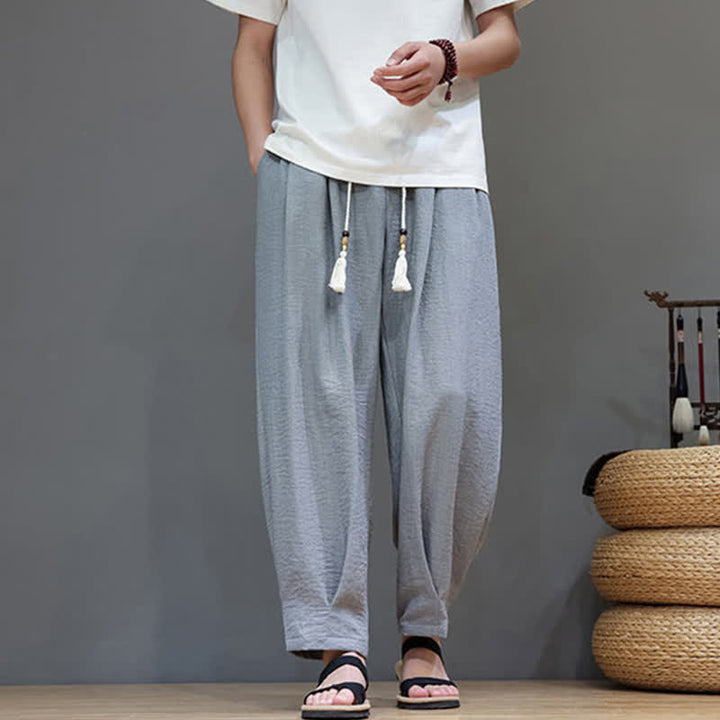 Buddha Stones Pantaloni estivi minimalisti da uomo a tinta unita con elastico in vita e gamba affusolata, con tasche. - image 16