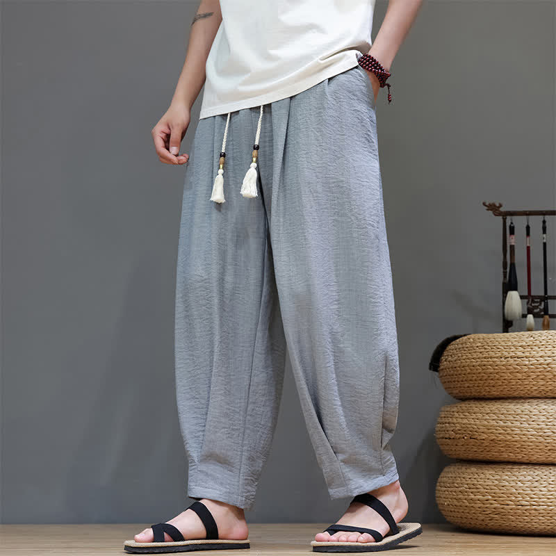 Buddha Stones Pantaloni estivi minimalisti da uomo a tinta unita con elastico in vita e gamba affusolata, con tasche. - Grigio chiaro - US/UK/AU46, EU56 (5XL) - image 8