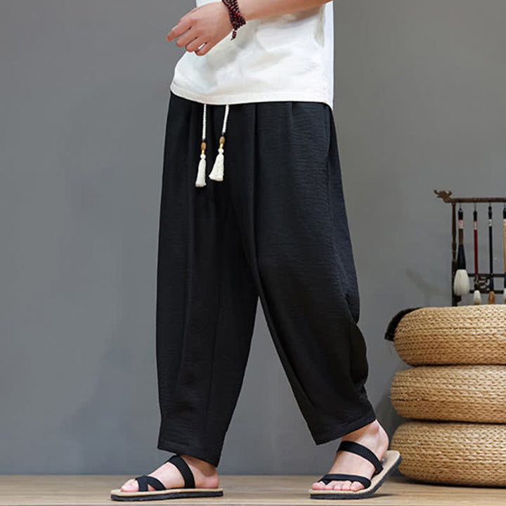 Buddha Stones Pantaloni estivi minimalisti da uomo a tinta unita con elastico in vita e gamba affusolata, con tasche. - Nero - US/UK/AU46, EU56 (5XL) - image 22