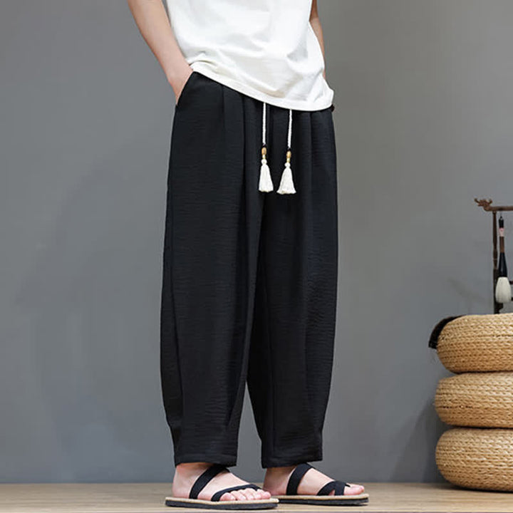 Buddha Stones Pantaloni estivi minimalisti da uomo a tinta unita con elastico in vita e gamba affusolata, con tasche. - image 27