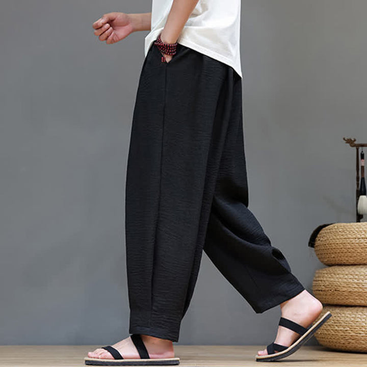 Buddha Stones Pantaloni estivi minimalisti da uomo a tinta unita con elastico in vita e gamba affusolata, con tasche. - image 25