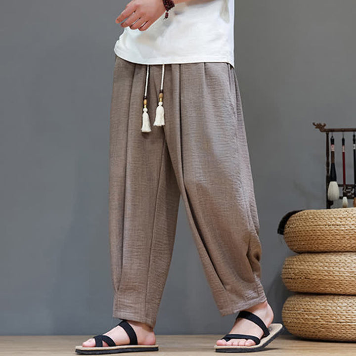Buddha Stones Pantaloni estivi minimalisti da uomo a tinta unita con elastico in vita e gamba affusolata, con tasche. - Tan - US/UK/AU46, EU56 (5XL) - image 29