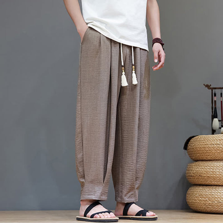 Buddha Stones Pantaloni estivi minimalisti da uomo a tinta unita con elastico in vita e gamba affusolata, con tasche. - image 30