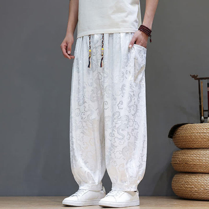 Buddha Stones Pantaloni harem da uomo estivi con coulisse, fantasia a nuvole, elastico in vita e tasche. - image 17
