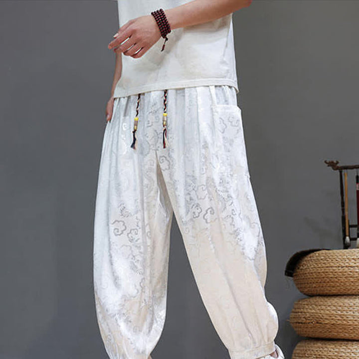 Buddha Stones Pantaloni harem da uomo estivi con coulisse, fantasia a nuvole, elastico in vita e tasche. - image 13