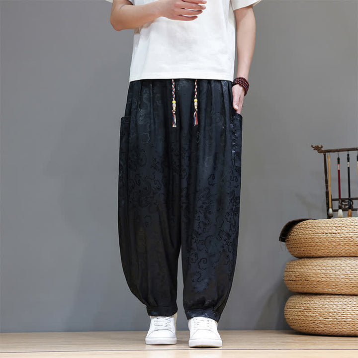 Buddha Stones Pantaloni harem da uomo estivi con coulisse, fantasia a nuvole, elastico in vita e tasche. - Nero - US/UK/AU46, EU56 (5XL) - image 0