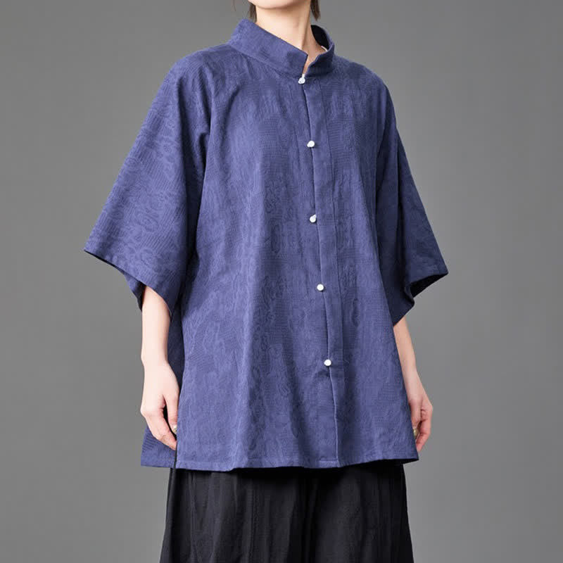 Buddha Stones Camicia da uomo estiva minimalista con colletto alla coreana, abbottonatura frontale e maniche a tre quarti. - image 1