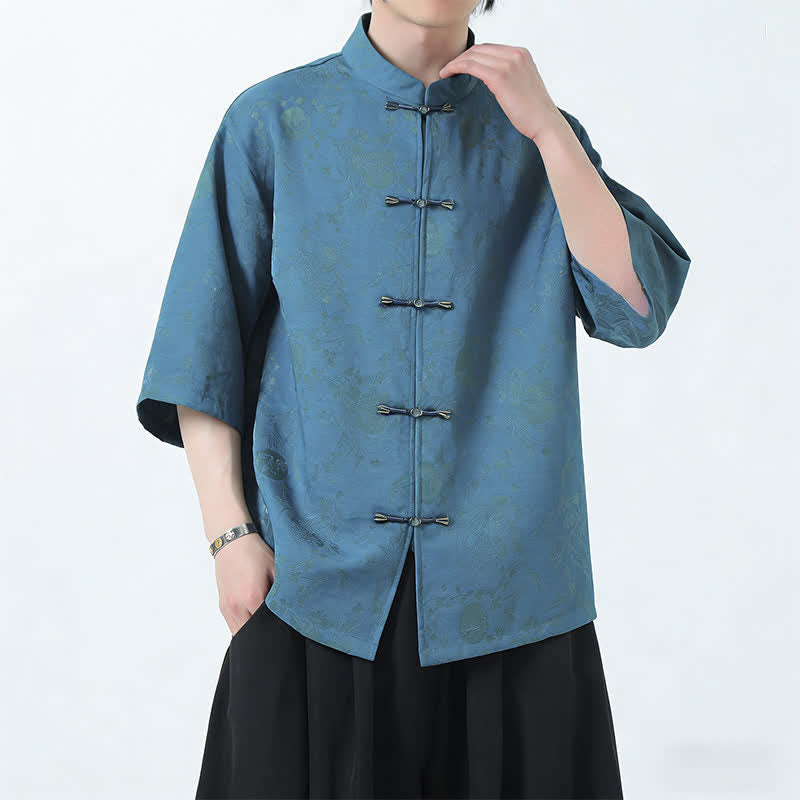 Buddha Stones Camicia da uomo a maniche a tre quarti, stile estivo Tang, con colletto alla coreana, bottoni a rana e spacchi laterali. - Cadetto Blu - US/UK/AU46, EU56 (5XL) - image 0