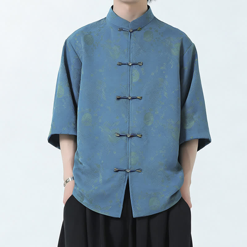Buddha Stones Camicia da uomo a maniche a tre quarti, stile estivo Tang, con colletto alla coreana, bottoni a rana e spacchi laterali. - image 1