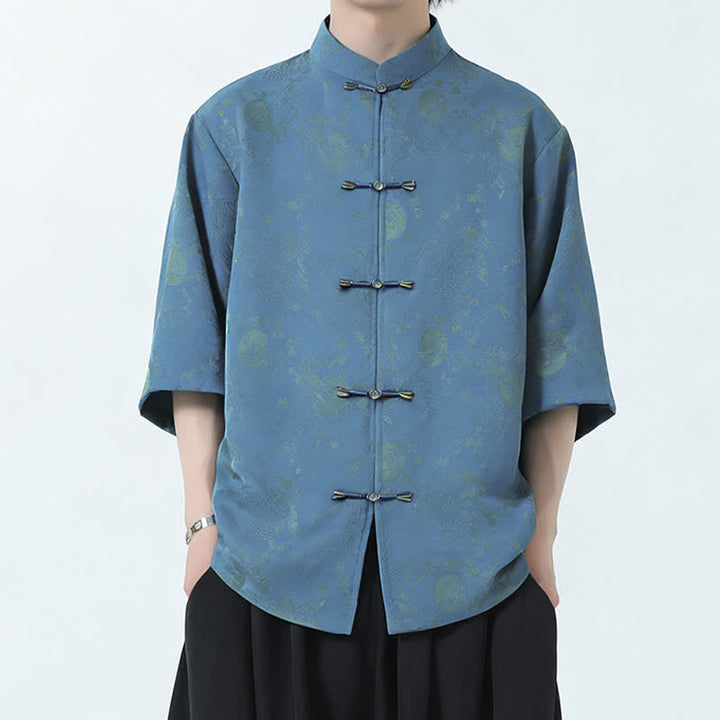 Buddha Stones Camicia da uomo a maniche a tre quarti, stile estivo Tang, con colletto alla coreana, bottoni a rana e spacchi laterali. - image 1