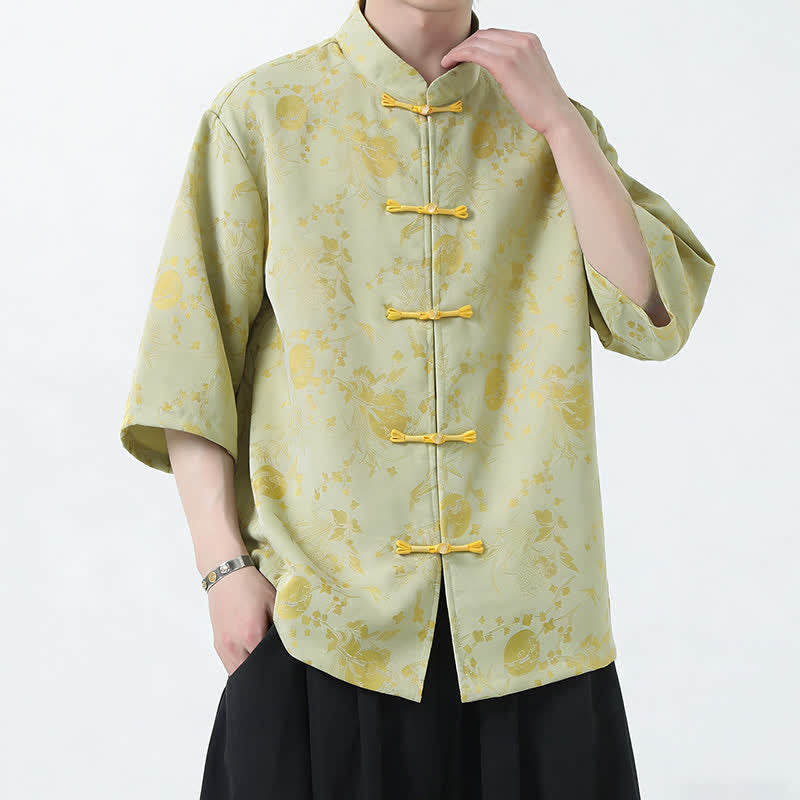 Buddha Stones Camicia da uomo a maniche a tre quarti, stile estivo Tang, con colletto alla coreana, bottoni a rana e spacchi laterali. - Giallo chiaro verga dorata - US/UK/AU46, EU56 (5XL) - image 6