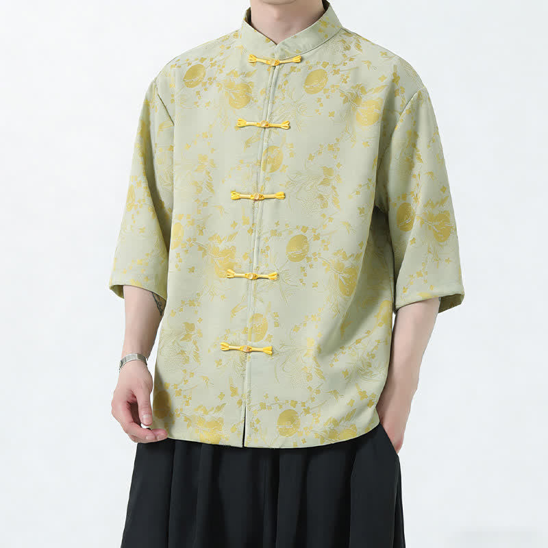 Buddha Stones Camicia da uomo a maniche a tre quarti, stile estivo Tang, con colletto alla coreana, bottoni a rana e spacchi laterali. - image 8