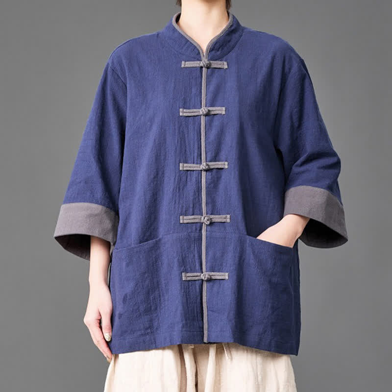Buddha Stones Camicia da uomo a maniche a tre quarti, tinta unita, con colletto alla coreana, bottoni a rana, stile estivo Tang, con tasche. - Marina - US/UK/AU46, EU56 (5XL) - image 0