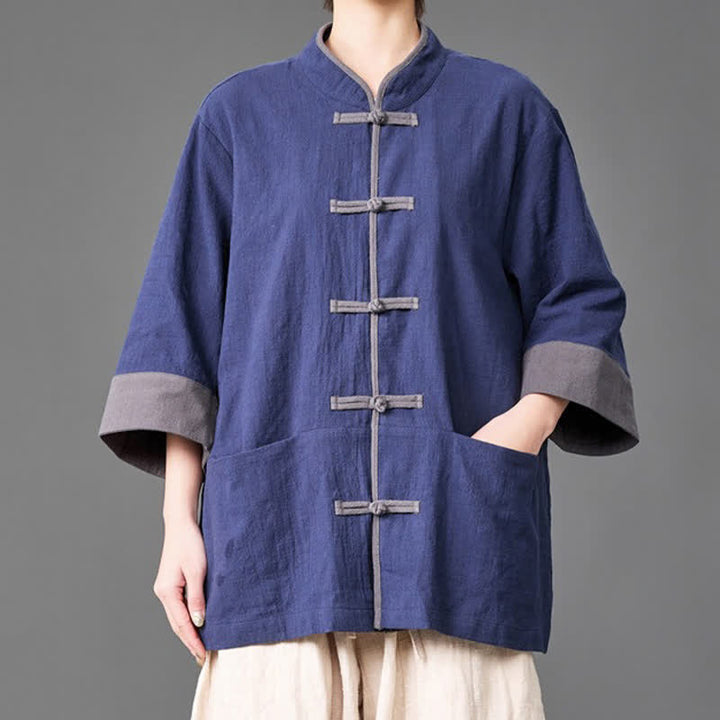 Buddha Stones Camicia da uomo a maniche a tre quarti, tinta unita, con colletto alla coreana, bottoni a rana, stile estivo Tang, con tasche. - Marina - US/UK/AU46, EU56 (5XL) - image 0