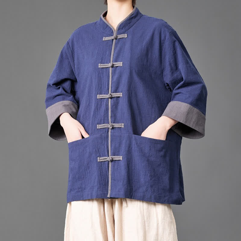 Buddha Stones Camicia da uomo a maniche a tre quarti, tinta unita, con colletto alla coreana, bottoni a rana, stile estivo Tang, con tasche. - image 2