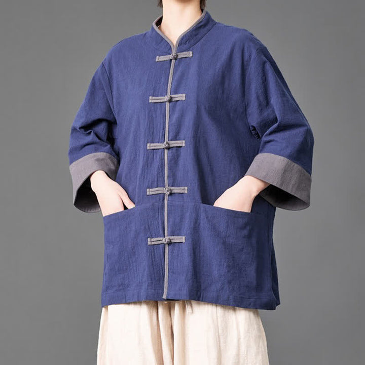 Buddha Stones Camicia da uomo a maniche a tre quarti, tinta unita, con colletto alla coreana, bottoni a rana, stile estivo Tang, con tasche. - image 2