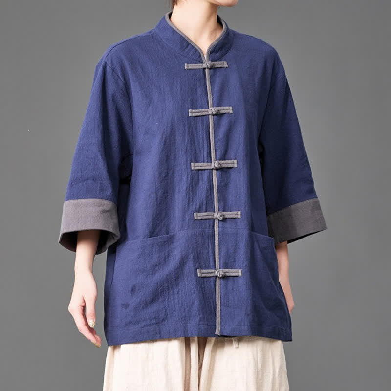 Buddha Stones Camicia da uomo a maniche a tre quarti, tinta unita, con colletto alla coreana, bottoni a rana, stile estivo Tang, con tasche. - image 3