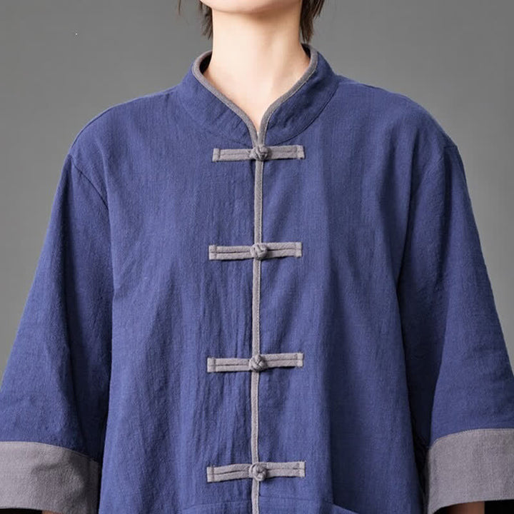 Buddha Stones Camicia da uomo a maniche a tre quarti, tinta unita, con colletto alla coreana, bottoni a rana, stile estivo Tang, con tasche. - image 4