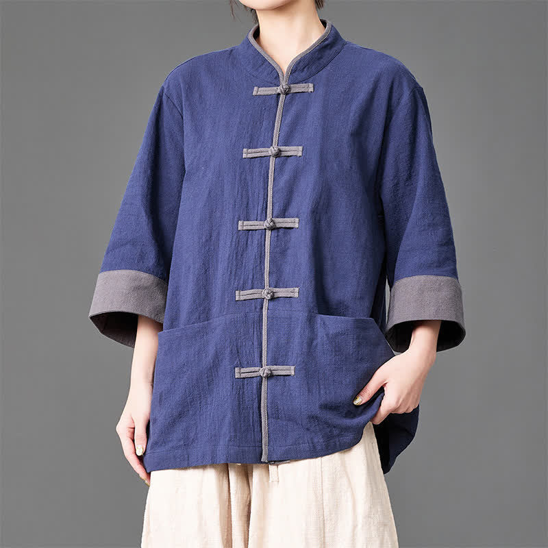 Buddha Stones Camicia da uomo a maniche a tre quarti, tinta unita, con colletto alla coreana, bottoni a rana, stile estivo Tang, con tasche. - image 1