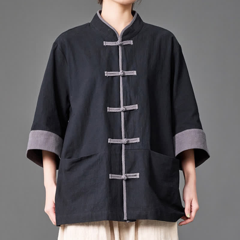 Buddha Stones Camicia da uomo a maniche a tre quarti, tinta unita, con colletto alla coreana, bottoni a rana, stile estivo Tang, con tasche. - image 9