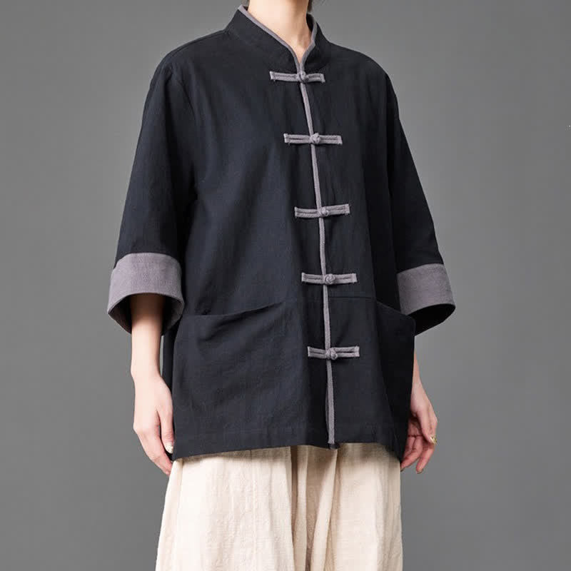 Buddha Stones Camicia da uomo a maniche a tre quarti, tinta unita, con colletto alla coreana, bottoni a rana, stile estivo Tang, con tasche. - image 7