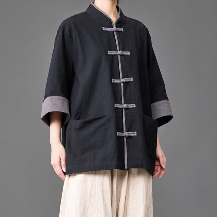 Buddha Stones Camicia da uomo a maniche a tre quarti, tinta unita, con colletto alla coreana, bottoni a rana, stile estivo Tang, con tasche. - image 7