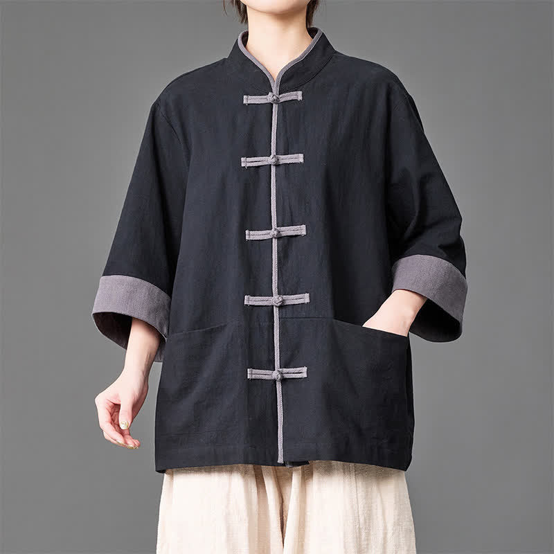 Buddha Stones Camicia da uomo a maniche a tre quarti, tinta unita, con colletto alla coreana, bottoni a rana, stile estivo Tang, con tasche. - Nero - US/UK/AU46, EU56 (5XL) - image 6