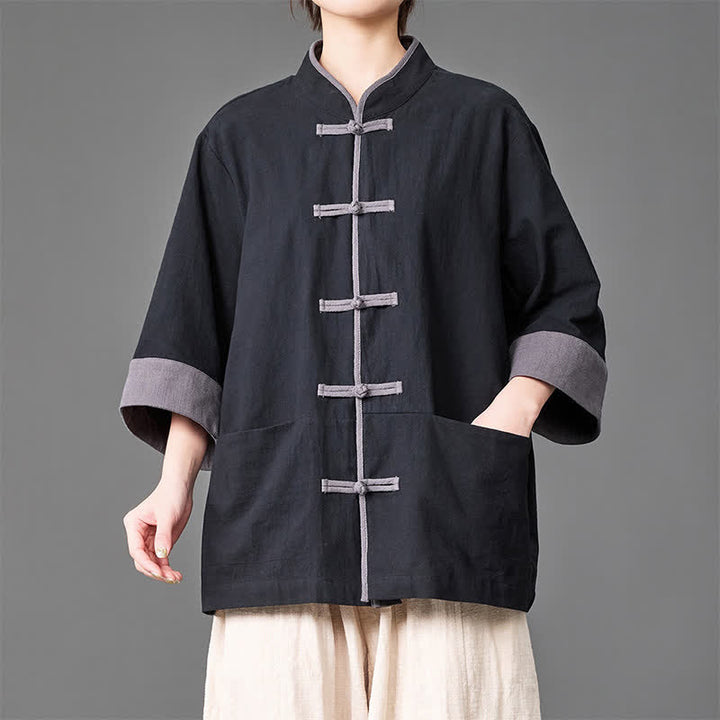 Buddha Stones Camicia da uomo a maniche a tre quarti, tinta unita, con colletto alla coreana, bottoni a rana, stile estivo Tang, con tasche. - Nero - US/UK/AU46, EU56 (5XL) - image 6