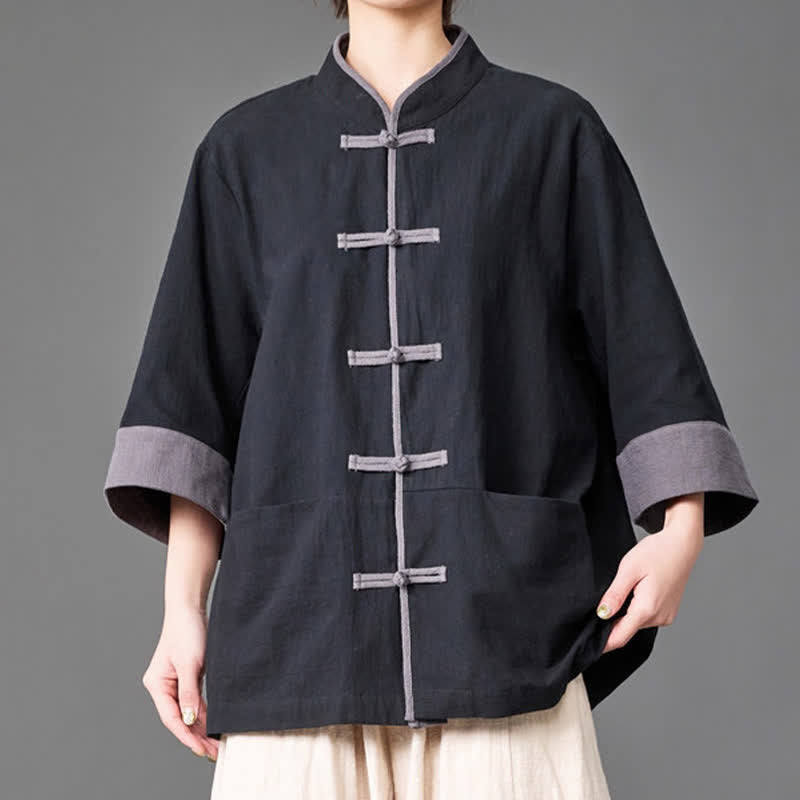 Buddha Stones Camicia da uomo a maniche a tre quarti, tinta unita, con colletto alla coreana, bottoni a rana, stile estivo Tang, con tasche. - image 8