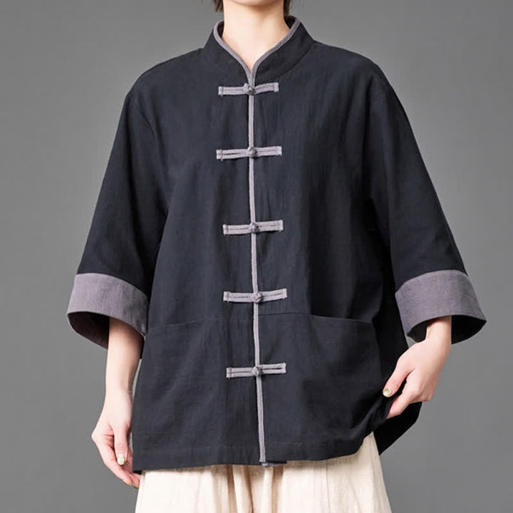 Buddha Stones Camicia da uomo a maniche a tre quarti, tinta unita, con colletto alla coreana, bottoni a rana, stile estivo Tang, con tasche. - image 8