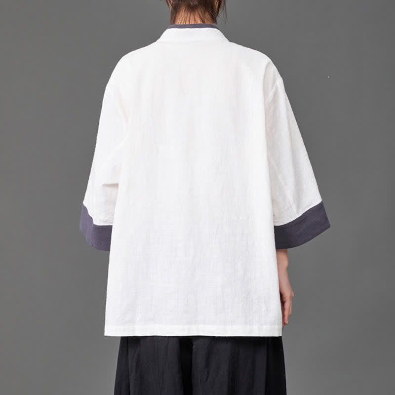 Buddha Stones Camicia da uomo a maniche a tre quarti, tinta unita, con colletto alla coreana, bottoni a rana, stile estivo Tang, con tasche. - image 11