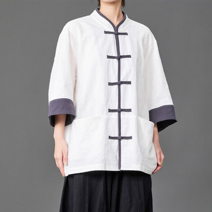 Buddha Stones Camicia da uomo a maniche a tre quarti, tinta unita, con colletto alla coreana, bottoni a rana, stile estivo Tang, con tasche. - image 13