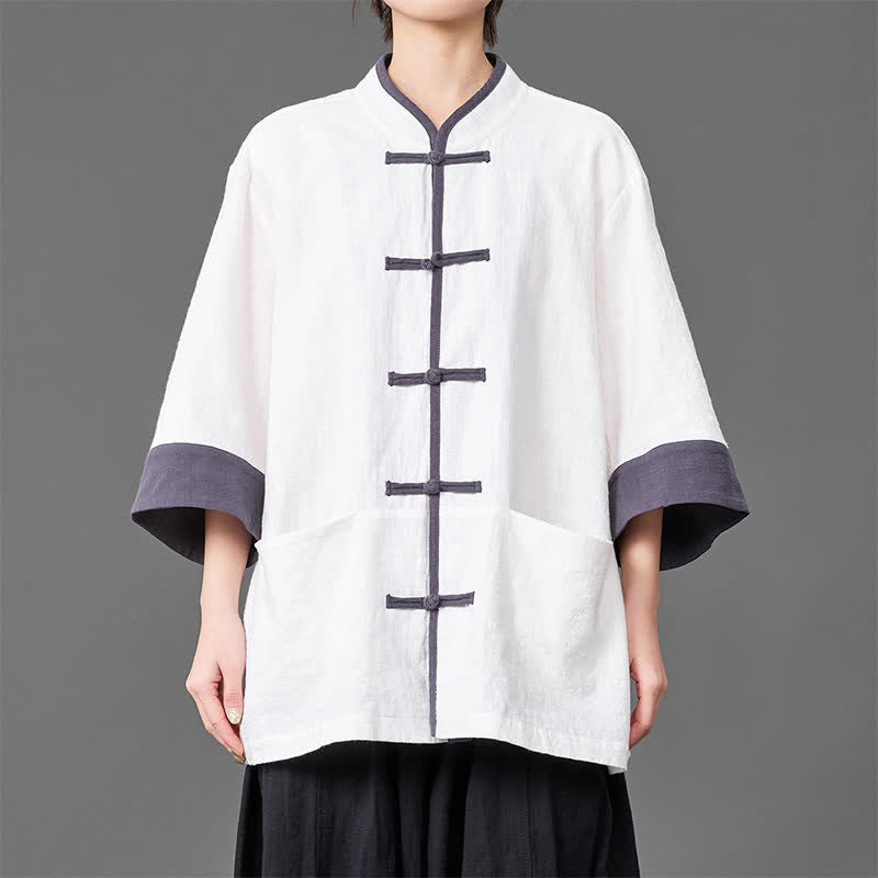 Buddha Stones Camicia da uomo a maniche a tre quarti, tinta unita, con colletto alla coreana, bottoni a rana, stile estivo Tang, con tasche. - image 12