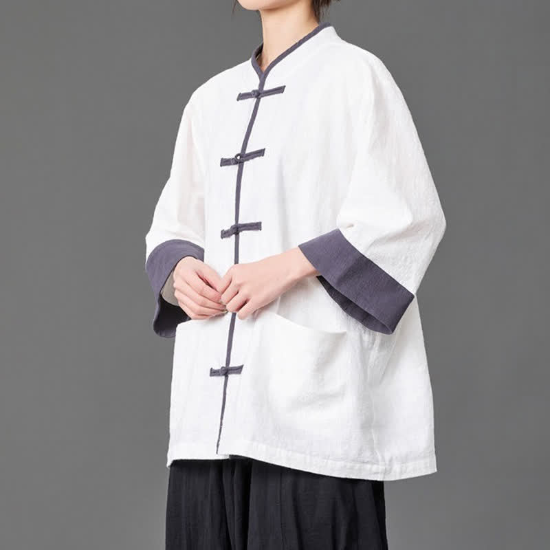 Buddha Stones Camicia da uomo a maniche a tre quarti, tinta unita, con colletto alla coreana, bottoni a rana, stile estivo Tang, con tasche. - image 14