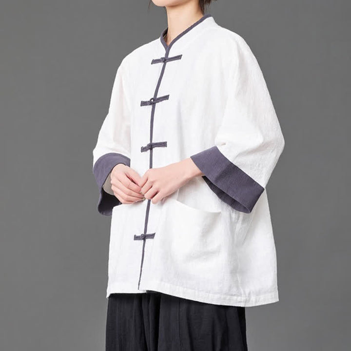 Buddha Stones Camicia da uomo a maniche a tre quarti, tinta unita, con colletto alla coreana, bottoni a rana, stile estivo Tang, con tasche. - image 14