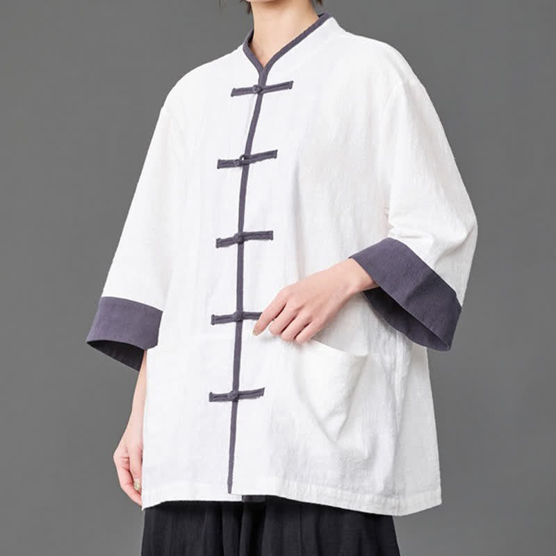 Buddha Stones Camicia da uomo a maniche a tre quarti, tinta unita, con colletto alla coreana, bottoni a rana, stile estivo Tang, con tasche. - Bianco - US/UK/AU46, EU56 (5XL) - image 10