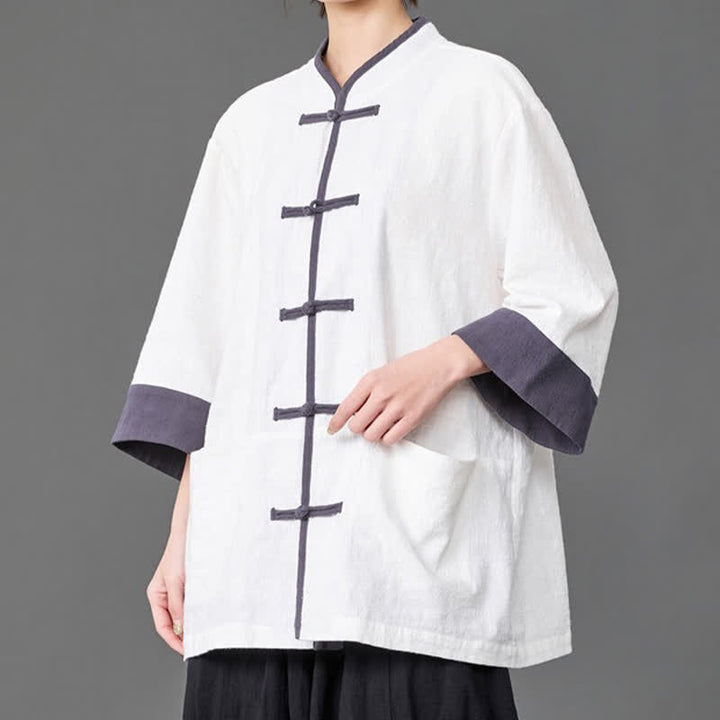 Buddha Stones Camicia da uomo a maniche a tre quarti, tinta unita, con colletto alla coreana, bottoni a rana, stile estivo Tang, con tasche. - Bianco - US/UK/AU46, EU56 (5XL) - image 10