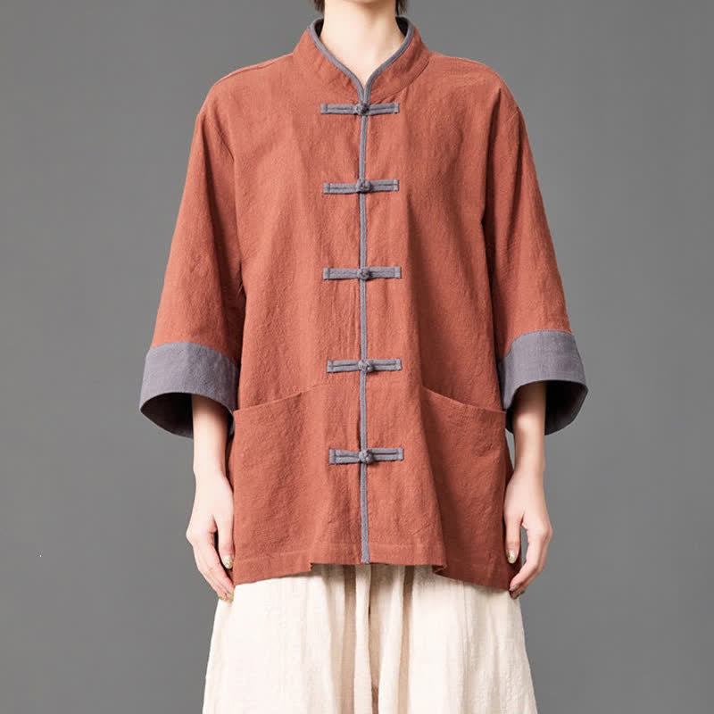 Buddha Stones Camicia da uomo a maniche a tre quarti, tinta unita, con colletto alla coreana, bottoni a rana, stile estivo Tang, con tasche. - image 17