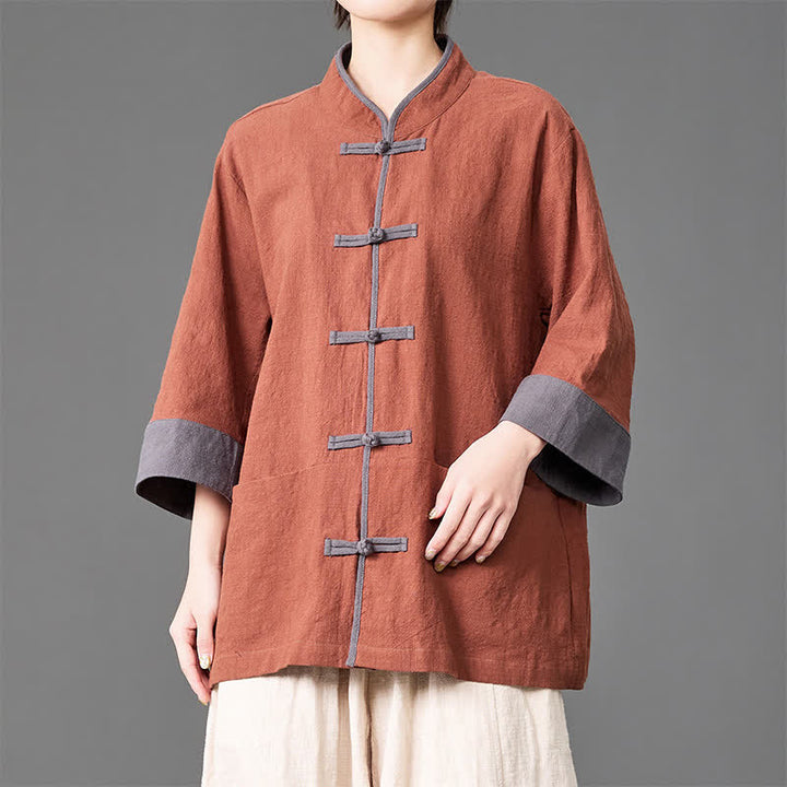 Buddha Stones Camicia da uomo a maniche a tre quarti, tinta unita, con colletto alla coreana, bottoni a rana, stile estivo Tang, con tasche. - image 18
