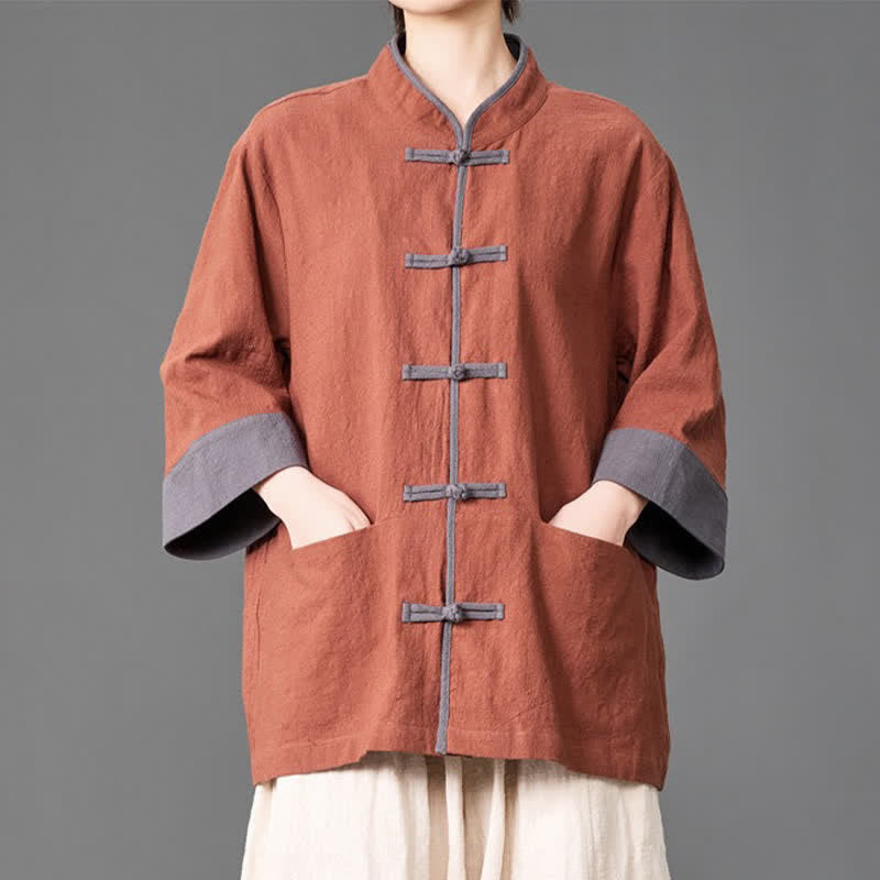 Buddha Stones Camicia da uomo a maniche a tre quarti, tinta unita, con colletto alla coreana, bottoni a rana, stile estivo Tang, con tasche. - image 19
