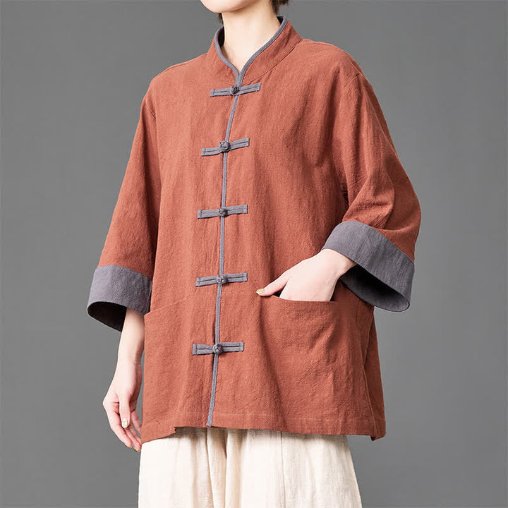 Buddha Stones Camicia da uomo a maniche a tre quarti, tinta unita, con colletto alla coreana, bottoni a rana, stile estivo Tang, con tasche. - Siena - US/UK/AU46, EU56 (5XL) - image 15