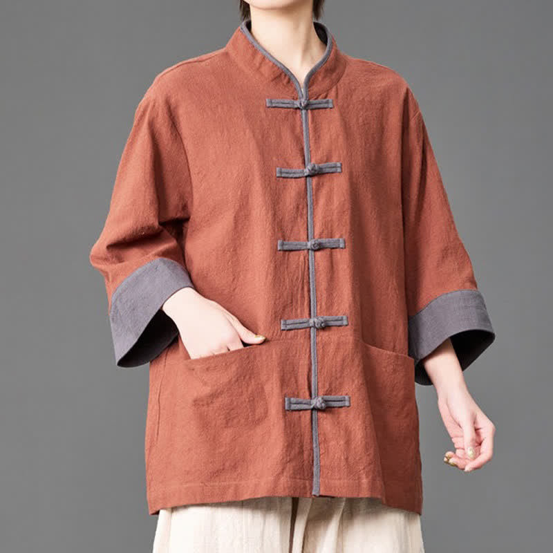 Buddha Stones Camicia da uomo a maniche a tre quarti, tinta unita, con colletto alla coreana, bottoni a rana, stile estivo Tang, con tasche. - image 20