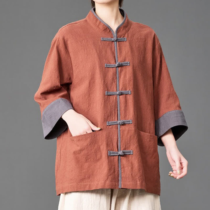 Buddha Stones Camicia da uomo a maniche a tre quarti, tinta unita, con colletto alla coreana, bottoni a rana, stile estivo Tang, con tasche. - image 20