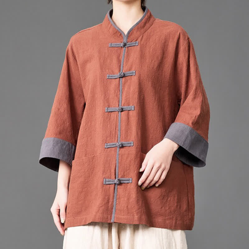 Buddha Stones Camicia da uomo a maniche a tre quarti, tinta unita, con colletto alla coreana, bottoni a rana, stile estivo Tang, con tasche. - image 16