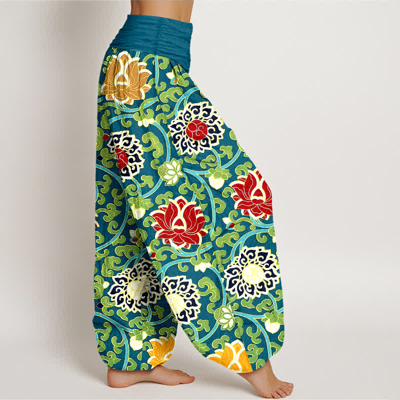 Buddha Stones Pantaloni harem da donna in puro cotone, stile bohémien, con elastico in vita e fantasia a loto. - image 2